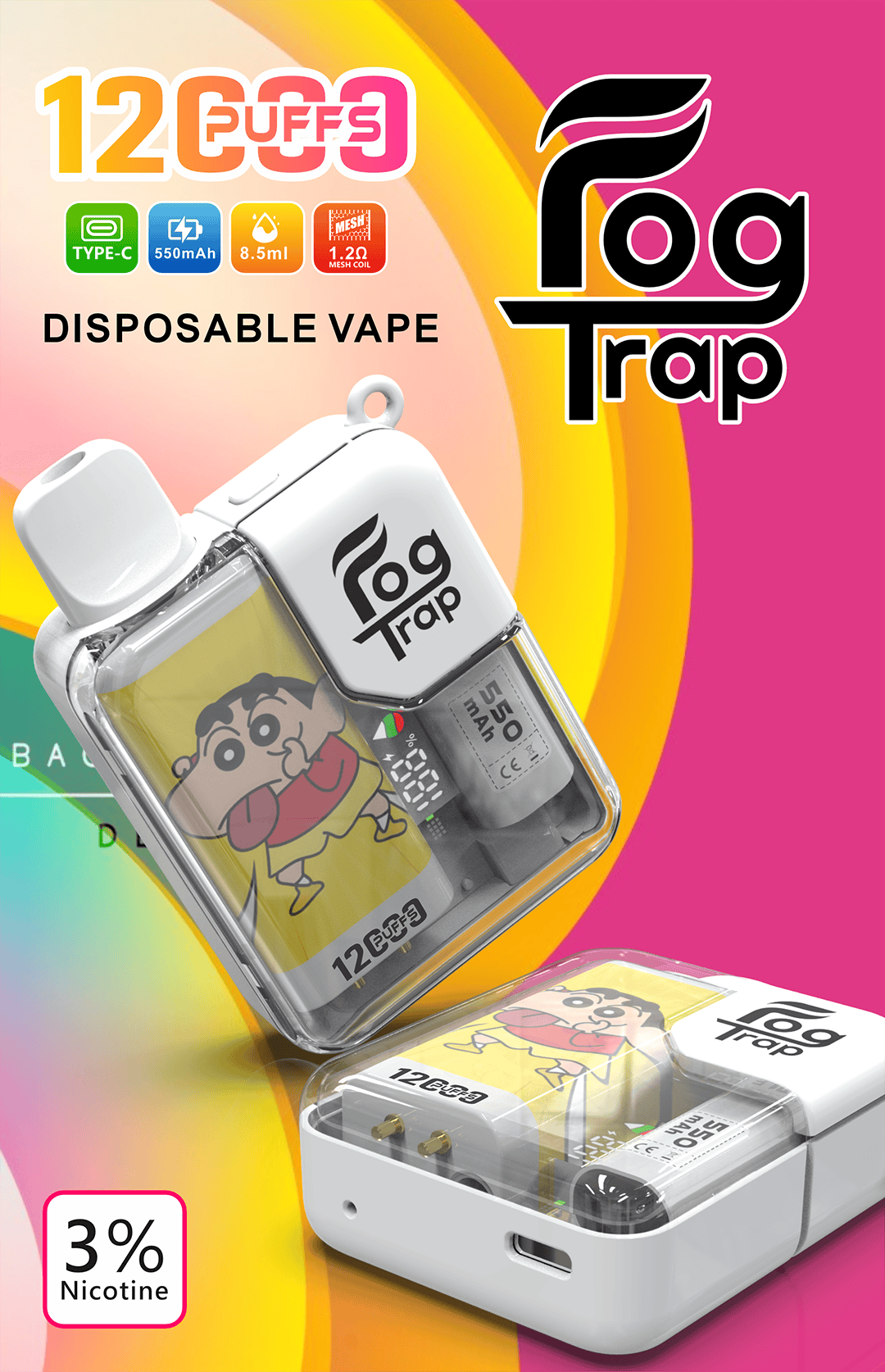 【買10送1優惠中】Fog Trap 限量聯名 蠟筆小新 × LABUBU 12000口拋棄式 雙檔功率切換 油電數位顯示屏 全台現貨:圖片 5