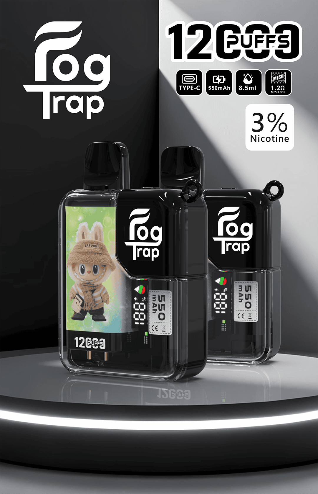 【買10送1優惠中】Fog Trap 限量聯名 蠟筆小新 × LABUBU 12000口拋棄式 雙檔功率切換 油電數位顯示屏 全台現貨:圖片 2